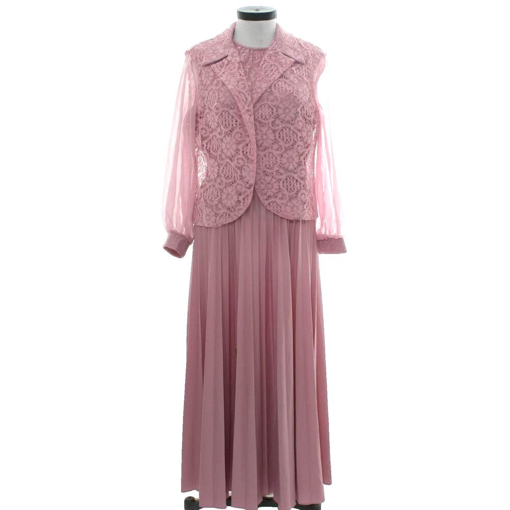 Vintage 1970s Mauve Lace Maxi Dress & Jacket Set Belted Formal Gown